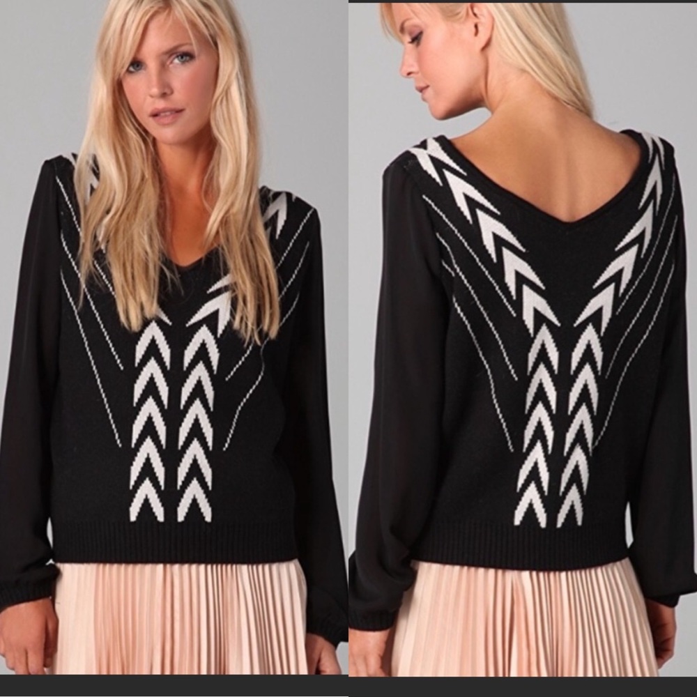 Anthropologie Addison Story Black White V Neck Chevron Print Sweater